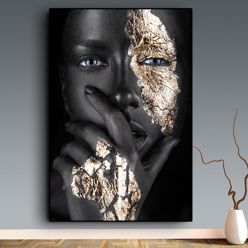 Black-Gold Woman Face Canvas Print Figure Glam Textured Surface Wall Art Decor for Room Clearhalo 'Arts' 'Canvas Art' 1625271