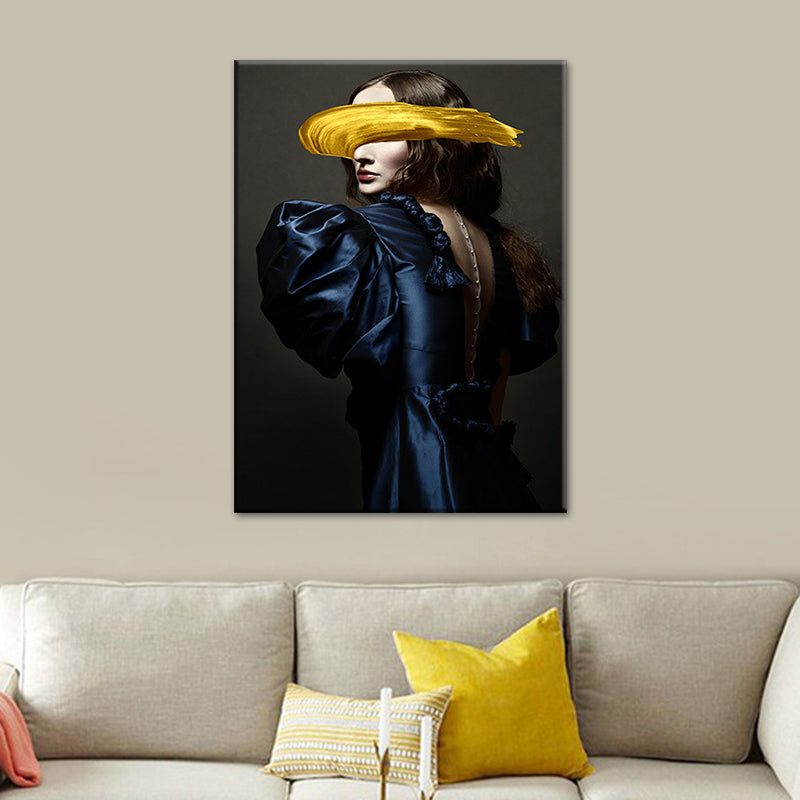 Woman Canvas Art Print Textured Surface Glam Living Room Wall Decor in Dark Color