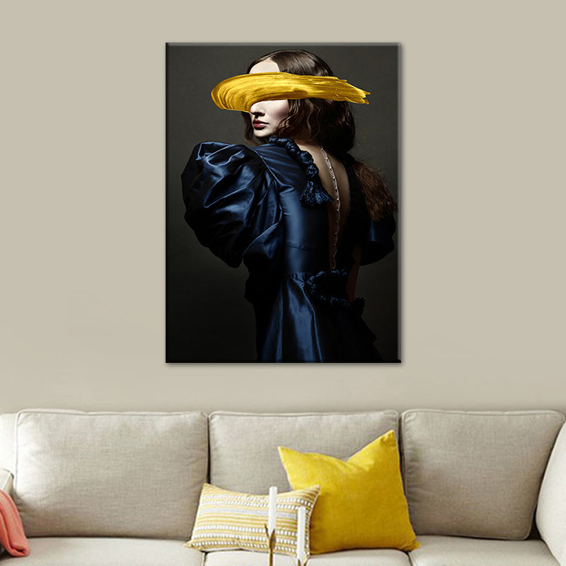 Woman Canvas Art Print Textured Surface Glam Living Room Wall Decor in Dark Color Blue Clearhalo 'Arts' 'Canvas Art' 1625283