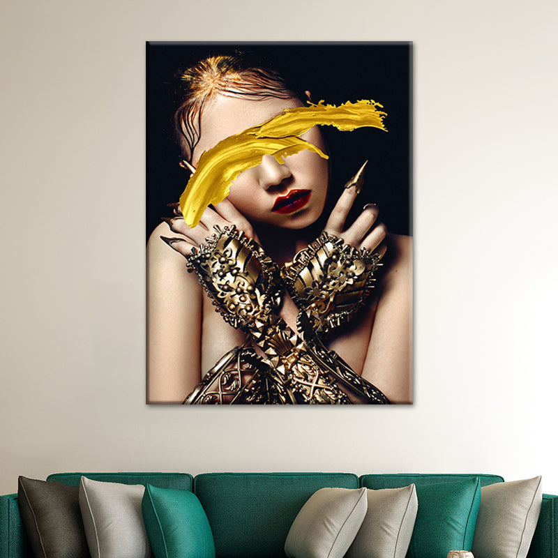 Woman Canvas Art Print Textured Surface Glam Living Room Wall Decor in Dark Color