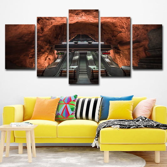 Escalator Cave Interior View Art Print Contemporary Multi-Piece Canvas in Brown for Home Brown Clearhalo 'Art Gallery' 'Canvas Art' 'Contemporary Art Gallery' 'Modern' Arts' 1625325