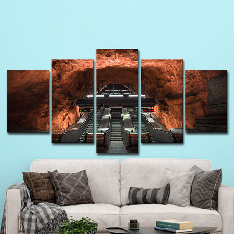 Escalator Cave Interior View Art Print Contemporary Multi-Piece Canvas in Brown for Home Clearhalo 'Art Gallery' 'Canvas Art' 'Contemporary Art Gallery' 'Modern' Arts' 1625326