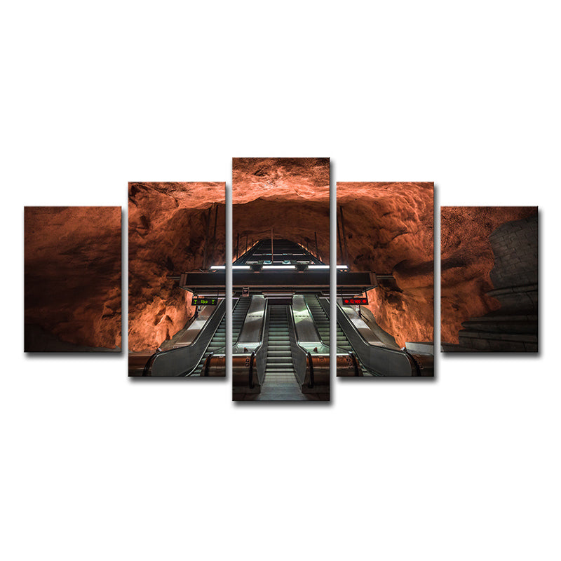 Escalator Cave Interior View Art Print Contemporary Multi-Piece Canvas in Brown for Home Clearhalo 'Art Gallery' 'Canvas Art' 'Contemporary Art Gallery' 'Modern' Arts' 1625328