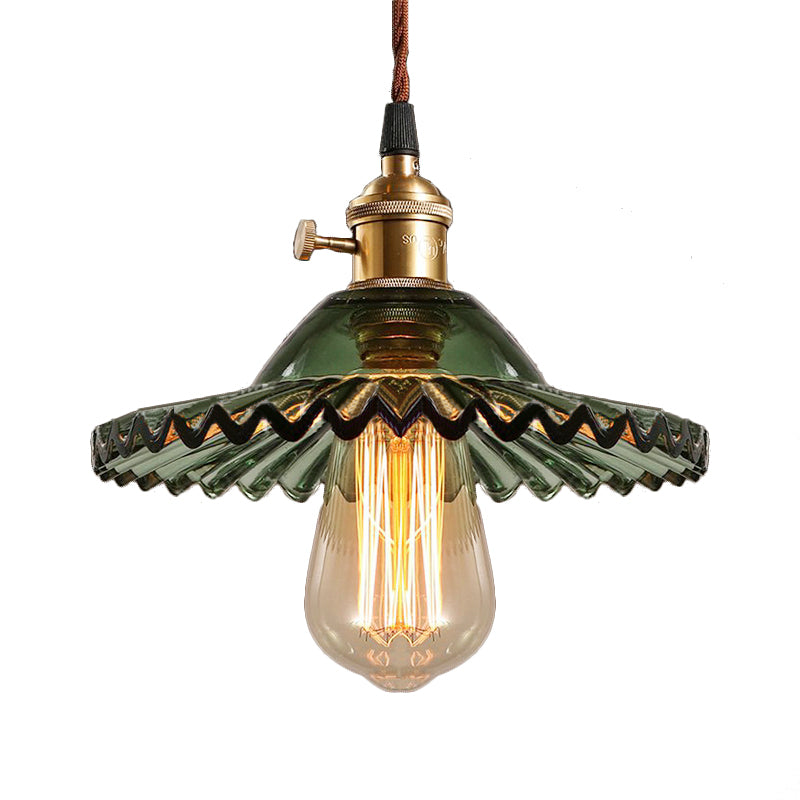 Scalloped Prismatic Glass Pendant Lighting Industrial One Light Dining Room Hanging Lamp in Green Clearhalo 'Ceiling Lights' 'Close To Ceiling Lights' 'Glass shade' 'Glass' 'Industrial Pendants' 'Industrial' 'Middle Century Pendants' 'Pendant Lights' 'Pendants' 'Tiffany' Lighting' 162536