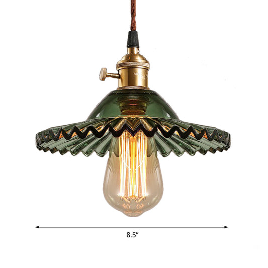 Scalloped Prismatic Glass Pendant Lighting Industrial One Light Dining Room Hanging Lamp in Green Clearhalo 'Ceiling Lights' 'Close To Ceiling Lights' 'Glass shade' 'Glass' 'Industrial Pendants' 'Industrial' 'Middle Century Pendants' 'Pendant Lights' 'Pendants' 'Tiffany' Lighting' 162537