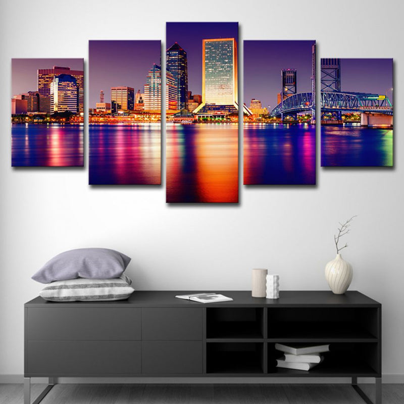 Purple Global Inspired Wall Decor Riverside City at Night Scene Canvas Art for Room Purple Clearhalo 'Art Gallery' 'Canvas Art' 'Contemporary Art Gallery' 'Modern' Arts' 1625381