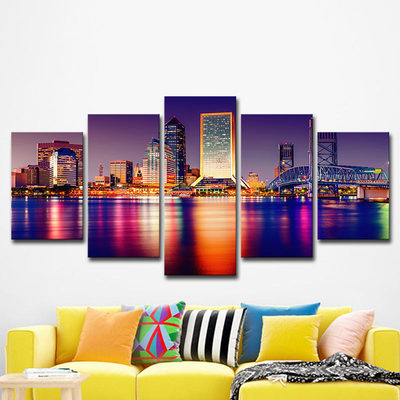Purple Global Inspired Wall Decor Riverside City at Night Scene Canvas Art for Room Clearhalo 'Art Gallery' 'Canvas Art' 'Contemporary Art Gallery' 'Modern' Arts' 1625382