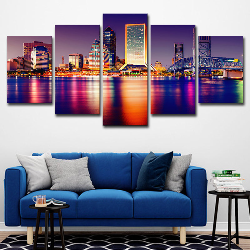 Purple Global Inspired Wall Decor Riverside City at Night Scene Canvas Art for Room Clearhalo 'Art Gallery' 'Canvas Art' 'Contemporary Art Gallery' 'Modern' Arts' 1625383