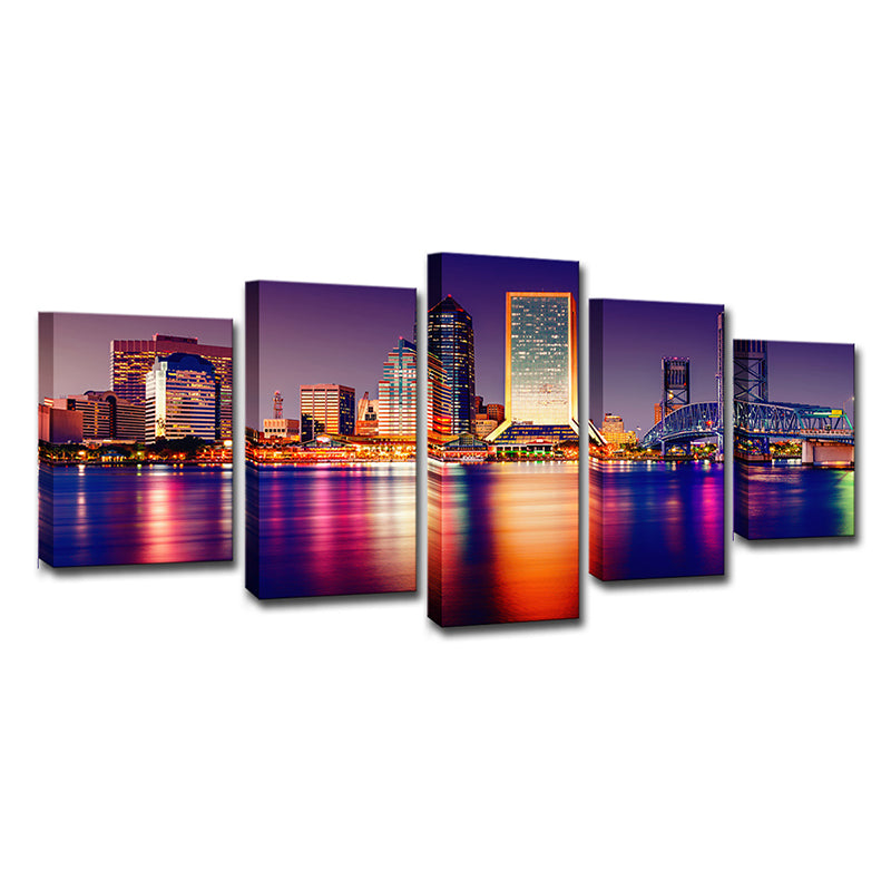 Purple Global Inspired Wall Decor Riverside City at Night Scene Canvas Art for Room Clearhalo 'Art Gallery' 'Canvas Art' 'Contemporary Art Gallery' 'Modern' Arts' 1625384
