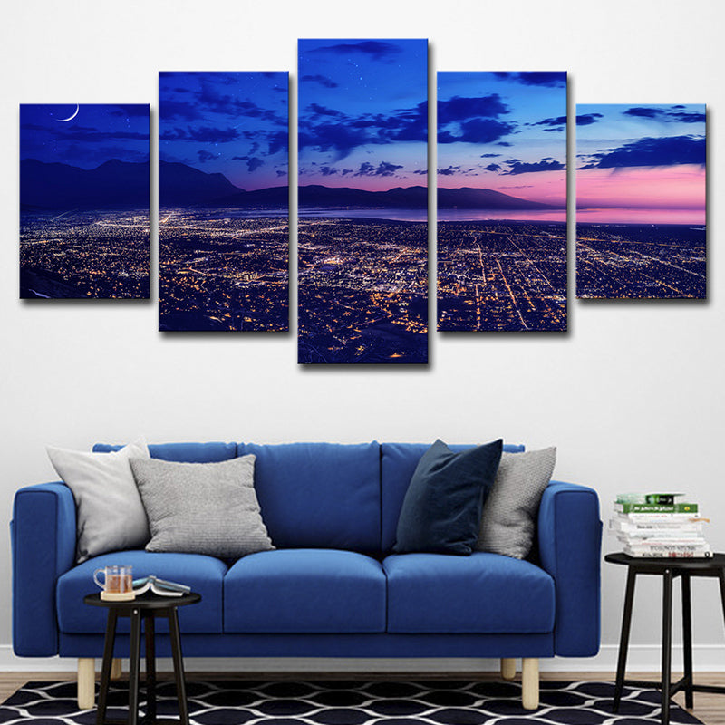 Glam Aerial View Wall Art Print Purple Cityscape at Night Canvas Print, Multi-Piece Purple Clearhalo 'Arts' 'Canvas Art' 1625395