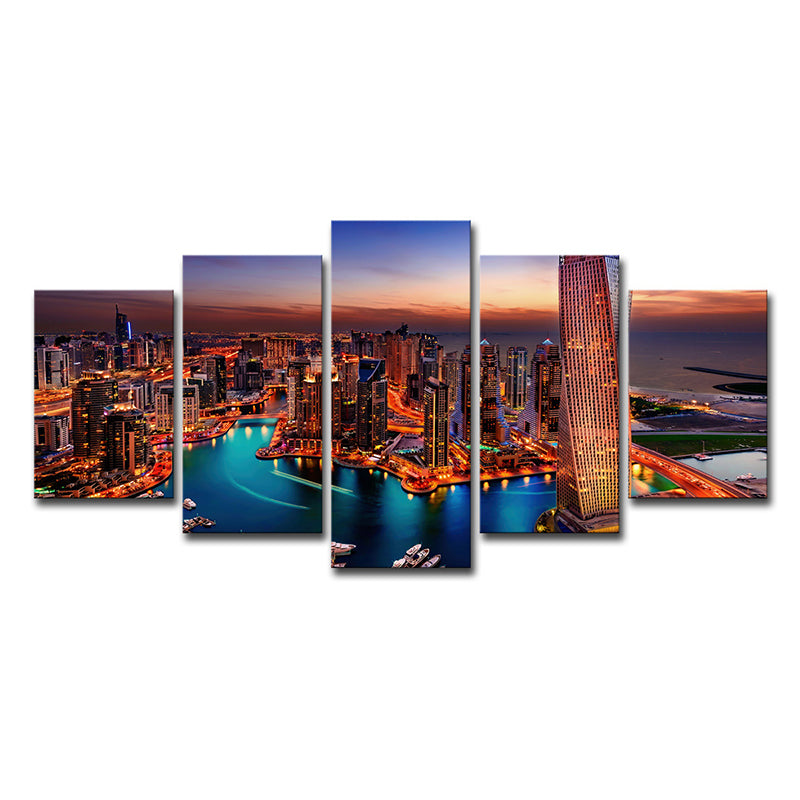 Orange Dubai Night Scene Canvas Multi-Piece Global Inspired Family Room Wall Art Clearhalo 'Art Gallery' 'Canvas Art' 'Contemporary Art Gallery' 'Modern' Arts' 1625475