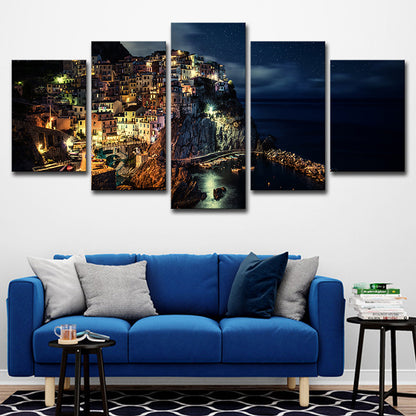 Cinque Terre Night View Canvas Black Glam Wall Art Print for Sitting Room, Multi-Piece Black Clearhalo 'Arts' 'Canvas Art' 1625486