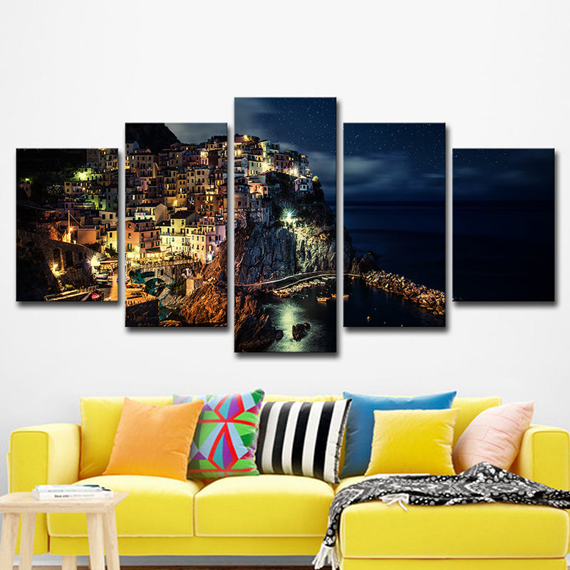 Cinque Terre Night View Canvas Black Glam Wall Art Print for Sitting Room, Multi-Piece Clearhalo 'Arts' 'Canvas Art' 1625487