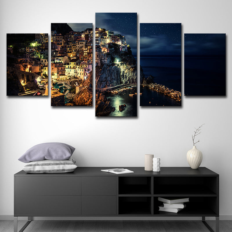 Cinque Terre Night View Canvas Black Glam Wall Art Print for Sitting Room, Multi-Piece Clearhalo 'Arts' 'Canvas Art' 1625488