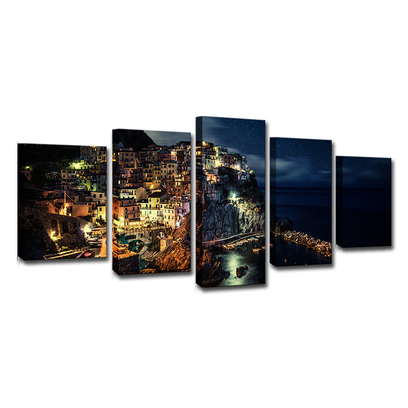 Cinque Terre Night View Canvas Black Glam Wall Art Print for Sitting Room, Multi-Piece Clearhalo 'Arts' 'Canvas Art' 1625489