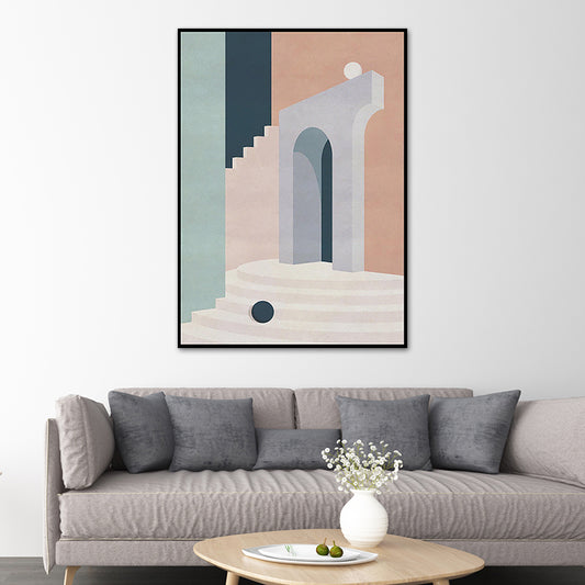 Illustration Architecture Canvas Wall Art for Living Room, Pastel Color, Textured Pink Clearhalo 'Art Gallery' 'Canvas Art' 'Contemporary Art Gallery' 'Modern' Arts' 1625528