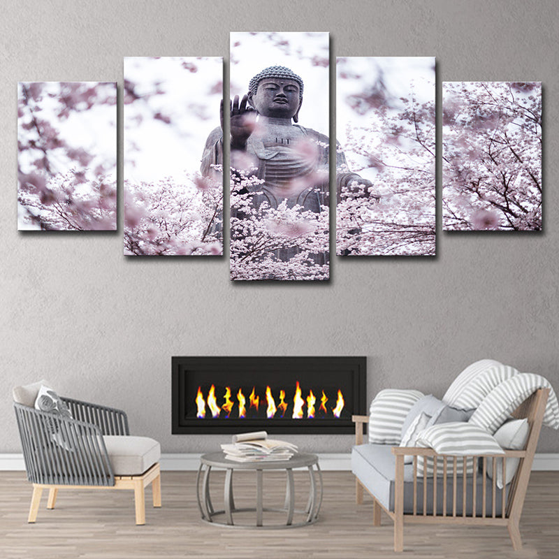 Pink Modern Wall Decor Buddhist with Cherry Blossom Canvas Wall Art for Living Room Pink Clearhalo 'Art Gallery' 'Canvas Art' 'Contemporary Art Gallery' 'Modern' Arts' 1625556