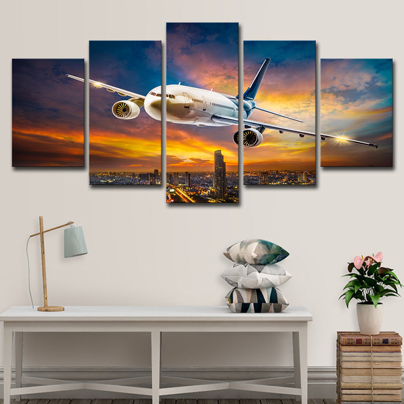 Sunset Glow Cityscape Wall Decor Bedroom Airplane Print Canvas Art in  White, Multi-Piece - Clearhalo