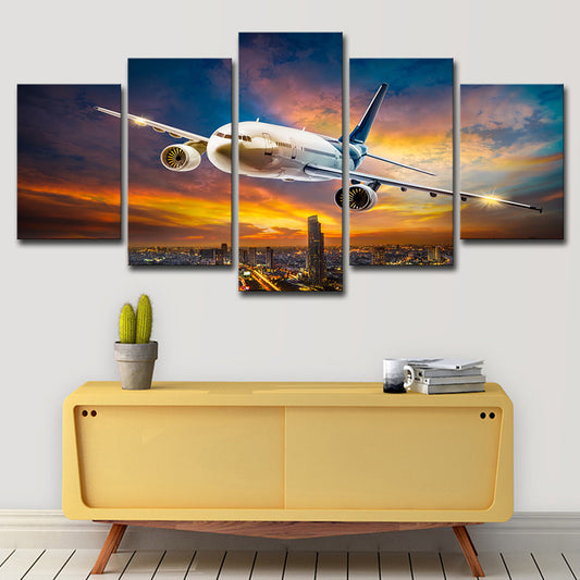 Sunset Glow Cityscape Wall Decor Bedroom Airplane Print Canvas Art in White, Multi-Piece Clearhalo 'Art Gallery' 'Canvas Art' 'Contemporary Art Gallery' 'Modern' Arts' 1625565
