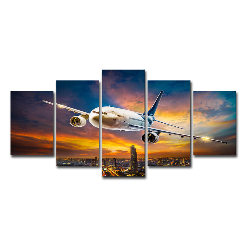 Sunset Glow Cityscape Wall Decor Bedroom Airplane Print Canvas Art in White, Multi-Piece Clearhalo 'Art Gallery' 'Canvas Art' 'Contemporary Art Gallery' 'Modern' Arts' 1625566