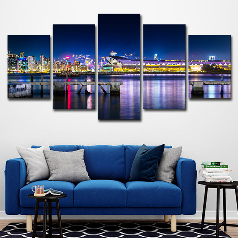 Photo-Printed Urban Canvas Art with Kai Tak Cruise Terminal Night Scenery in Blue Blue Clearhalo 'Art Gallery' 'Canvas Art' 'Contemporary Art Gallery' 'Modern' Arts' 1625612