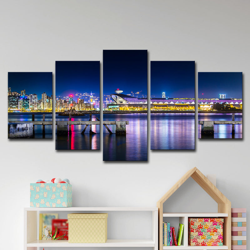 Photo-Printed Urban Canvas Art with Kai Tak Cruise Terminal Night Scenery in Blue Clearhalo 'Art Gallery' 'Canvas Art' 'Contemporary Art Gallery' 'Modern' Arts' 1625613