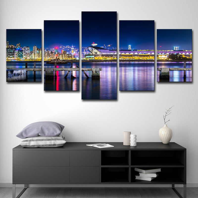 Photo-Printed Urban Canvas Art with Kai Tak Cruise Terminal Night Scenery in Blue Clearhalo 'Art Gallery' 'Canvas Art' 'Contemporary Art Gallery' 'Modern' Arts' 1625614