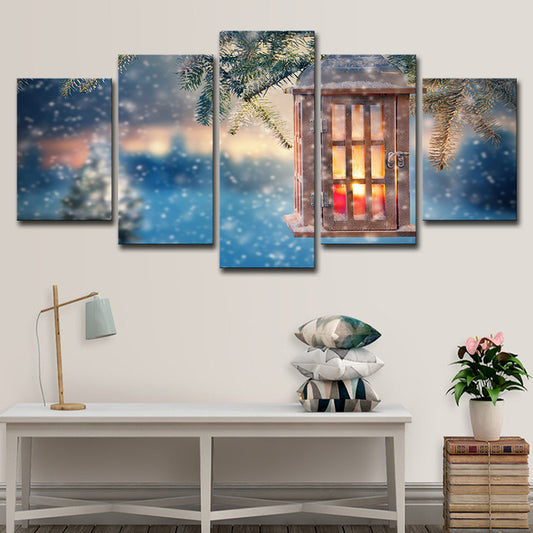 Snowing Christmas Wall Art Modern Luminous Lantern Canvas Print in Blue for Bedroom Blue Clearhalo 'Art Gallery' 'Canvas Art' 'Contemporary Art Gallery' 'Modern' Arts' 1625619