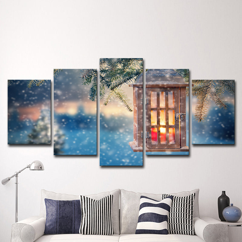 Snowing Christmas Wall Art Modern Luminous Lantern Canvas Print in Blue for Bedroom Clearhalo 'Art Gallery' 'Canvas Art' 'Contemporary Art Gallery' 'Modern' Arts' 1625620