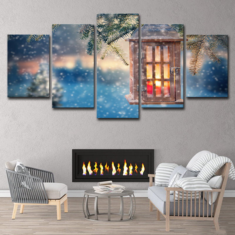Snowing Christmas Wall Art Modern Luminous Lantern Canvas Print in Blue for Bedroom Clearhalo 'Art Gallery' 'Canvas Art' 'Contemporary Art Gallery' 'Modern' Arts' 1625621