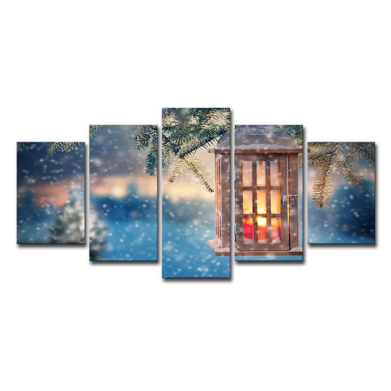 Snowing Christmas Wall Art Modern Luminous Lantern Canvas Print in Blue for Bedroom Clearhalo 'Art Gallery' 'Canvas Art' 'Contemporary Art Gallery' 'Modern' Arts' 1625622