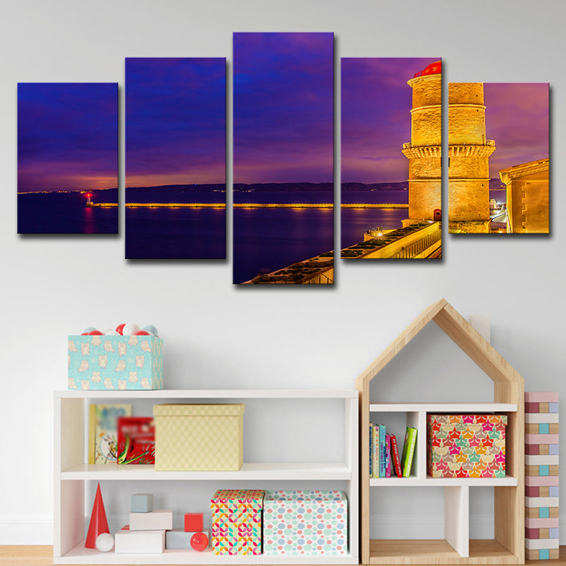 Purple Glam Wall Art Decor Bridge and River Night City Scenery Canvas for Living Room Purple Clearhalo 'Arts' 'Canvas Art' 1625640