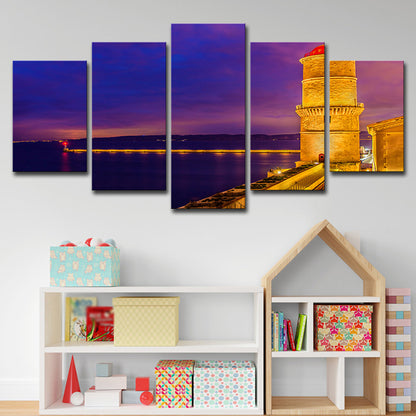 Purple Glam Wall Art Decor Bridge and River Night City Scenery Canvas for Living Room Purple Clearhalo 'Arts' 'Canvas Art' 1625640