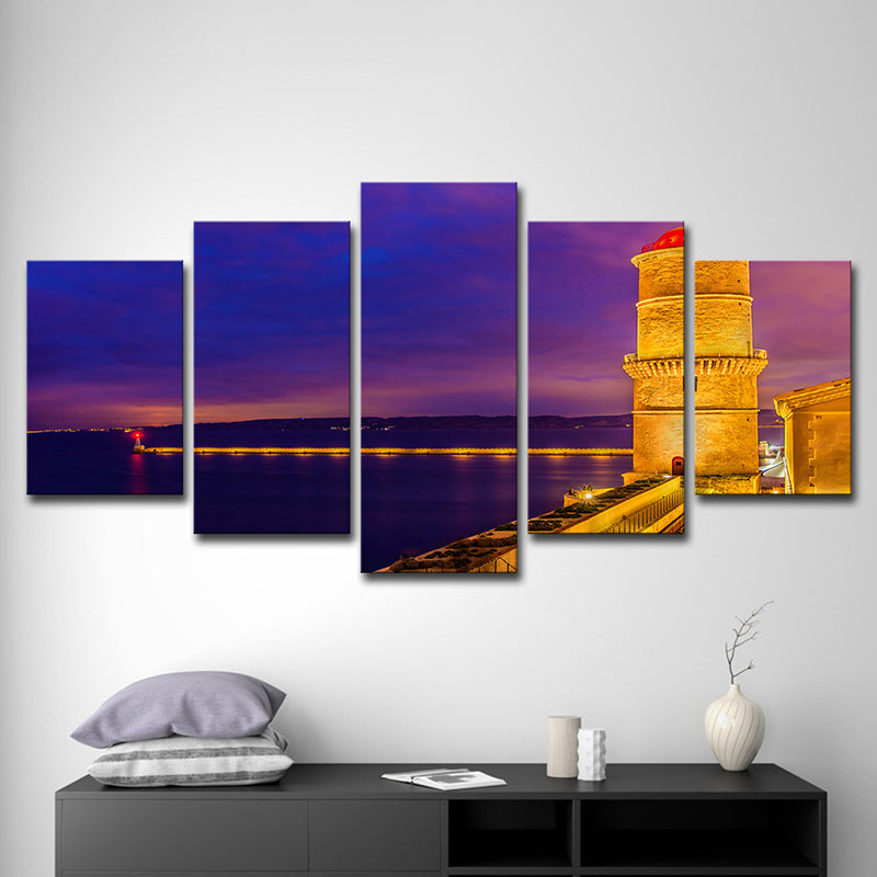 Purple Glam Wall Art Decor Bridge and River Night City Scenery Canvas for Living Room - Clearhalo - 'Arts' - 'Canvas Art' - 1625641