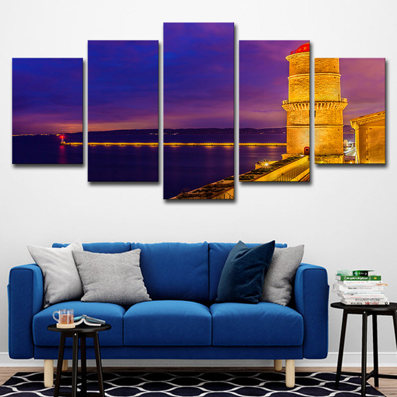 Purple Glam Wall Art Decor Bridge and River Night City Scenery Canvas for Living Room Clearhalo 'Arts' 'Canvas Art' 1625642
