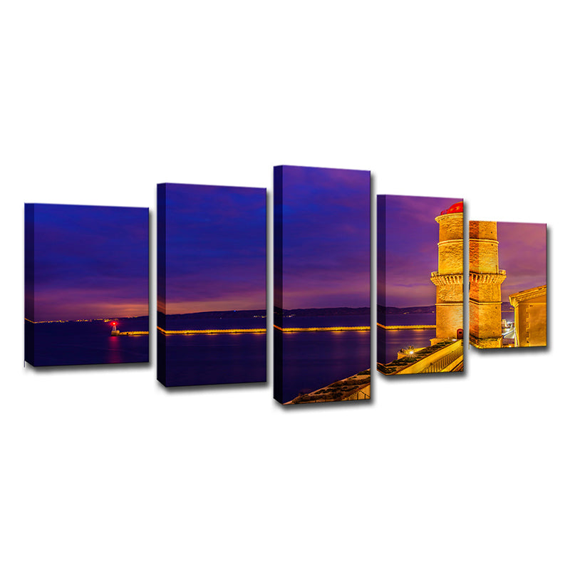 Purple Glam Wall Art Decor Bridge and River Night City Scenery Canvas for Living Room - Clearhalo - 'Arts' - 'Canvas Art' - 1625643