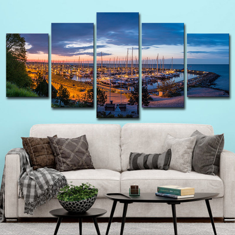 Coastal Yacht Nightfall Scene Art Print Blue Tropical Wall Decor for Living Room Clearhalo 'Art Gallery' 'Canvas Art' 'Coastal Art Gallery' 'Nautical' Arts' 1625656