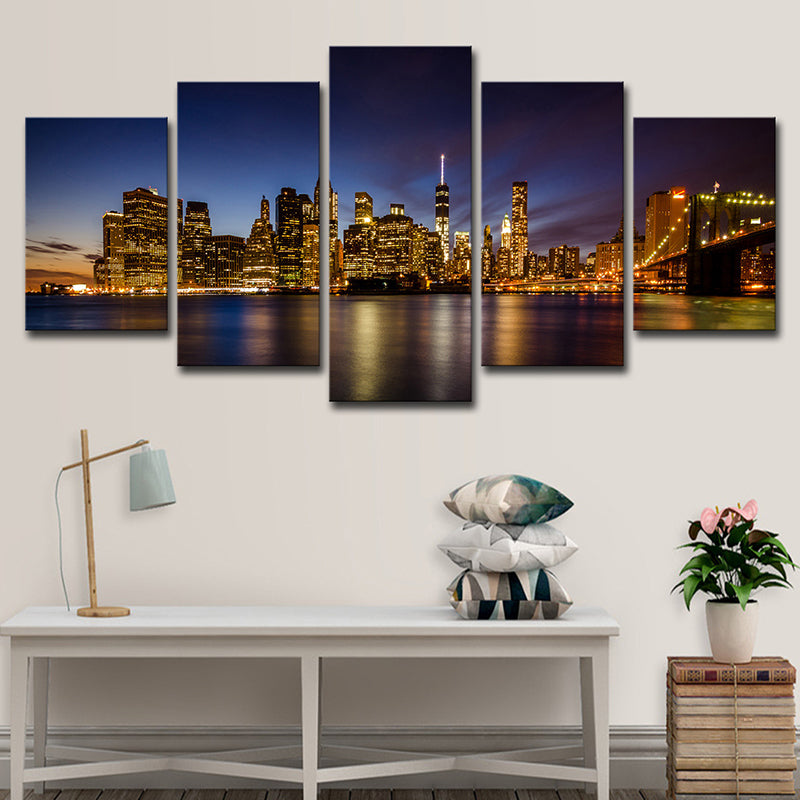Brooklyn Bridge Wall Art Decor for Home Night Cityscape Canvas in Black, Multi-Piece Clearhalo 'Arts' 'Canvas Art' 1625663