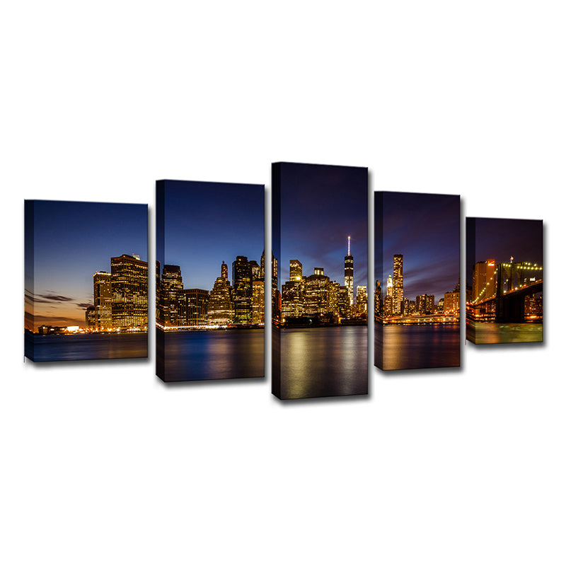 Brooklyn Bridge Wall Art Decor for Home Night Cityscape Canvas in Black, Multi-Piece Clearhalo 'Arts' 'Canvas Art' 1625664