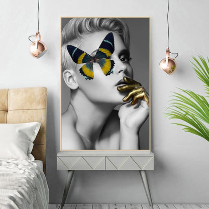 Glam Wall Art Grey-Yellow Woman with Butterfly over Eye Canvas for Girls Bedroom Grey Clearhalo 'Arts' 'Canvas Art' 1625710