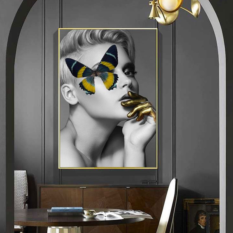 Arte de pared glamorosa mujer gris amarilla con mariposa sobre lienzo para niñas dormitorio