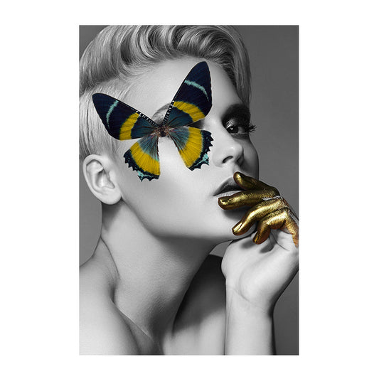 Glamwandkunst grau-gelbe Frau mit Schmetterling über Auge-Leinwand für Mädchen Schlafzimmer