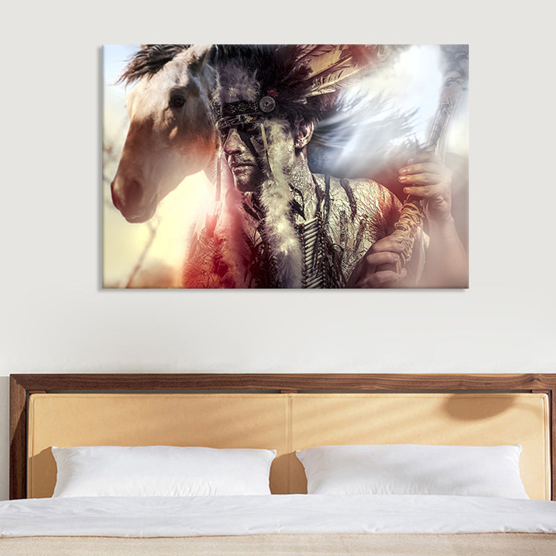 Black Contemporary Canvas Art Indian Man and His Horse Wall Decor for Living Room - Black - Clearhalo - 'Arts' - 'Canvas Art' - 1625724