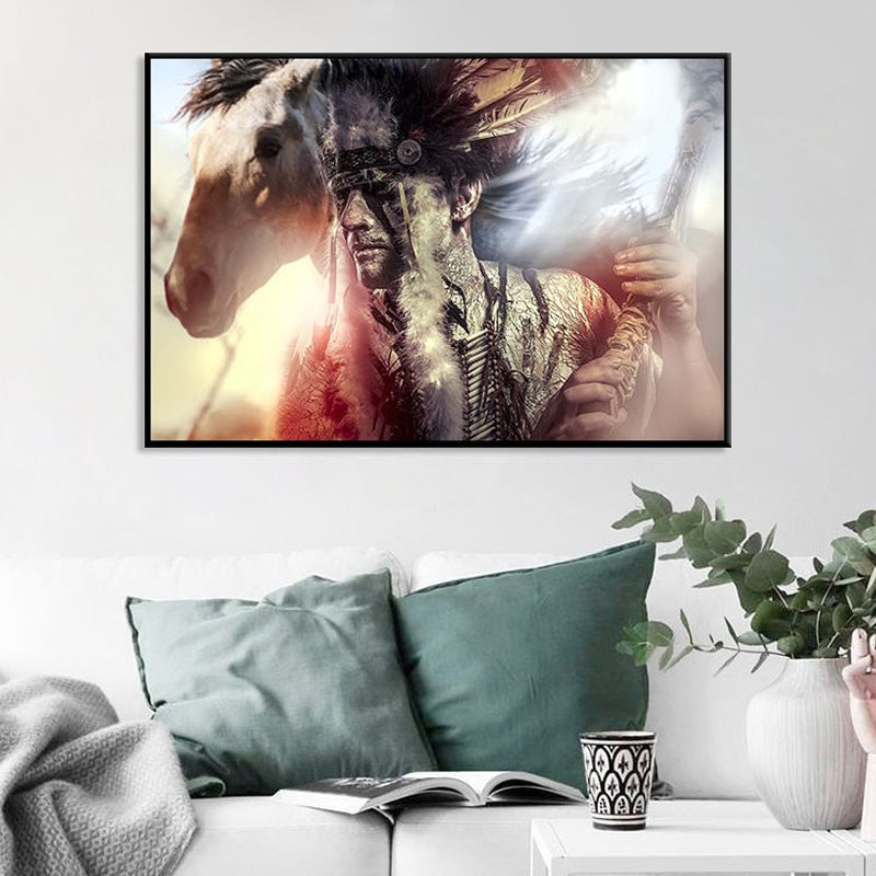 Black Contemporary Canvas Art Indian Man and His Horse Wall Decor for Living Room - Clearhalo - 'Arts' - 'Canvas Art' - 1625725