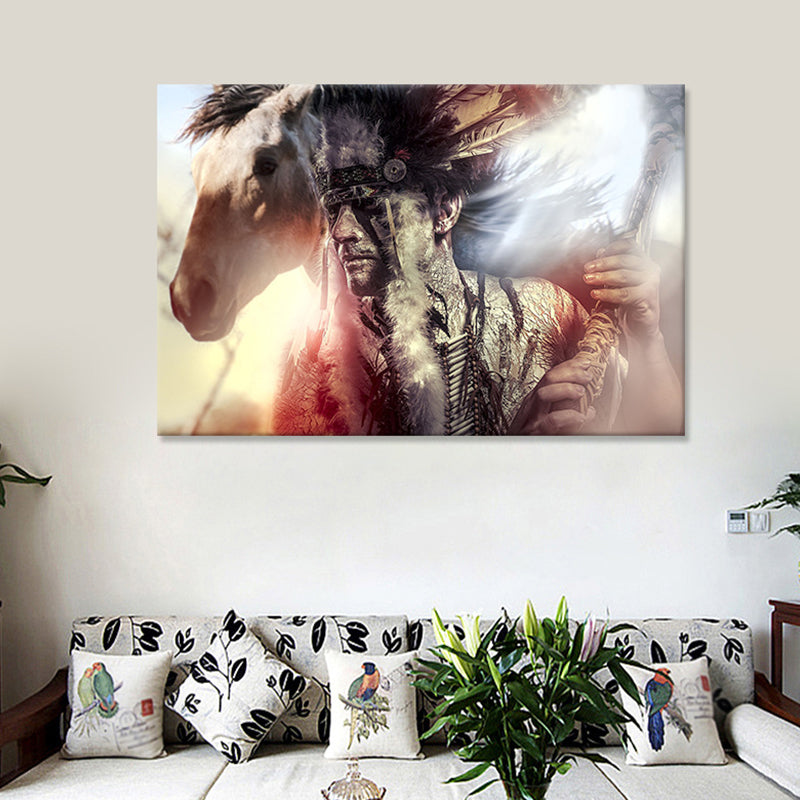 Black Contemporary Canvas Art Indian Man and His Horse Wall Decor for Living Room - Clearhalo - 'Arts' - 'Canvas Art' - 1625726
