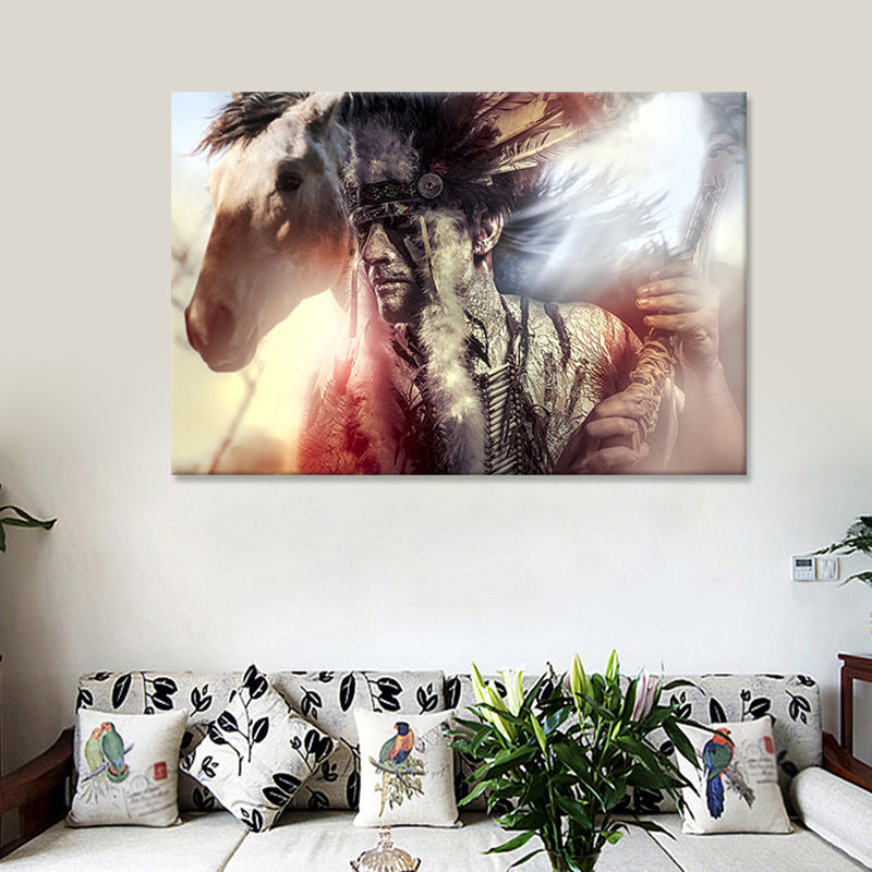 Black Contemporary Canvas Art Indian Man and His Horse Wall Decor for Living Room Clearhalo 'Arts' 'Canvas Art' 1625726