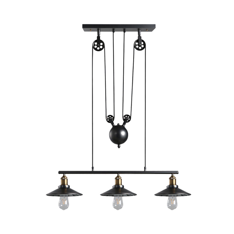 Saucer Foyer Island Lighting Industrial Style Metal 3 Lights Black Hanging Ceiling Light with Pulley Clearhalo 'Ceiling Lights' 'Island Lights' Lighting' 162579