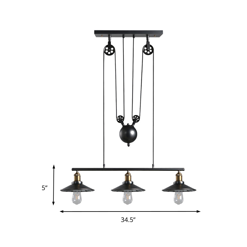 Saucer Foyer Island Lighting Industrial Style Metal 3 Lights Black Hanging Ceiling Light with Pulley Clearhalo 'Ceiling Lights' 'Island Lights' Lighting' 162580