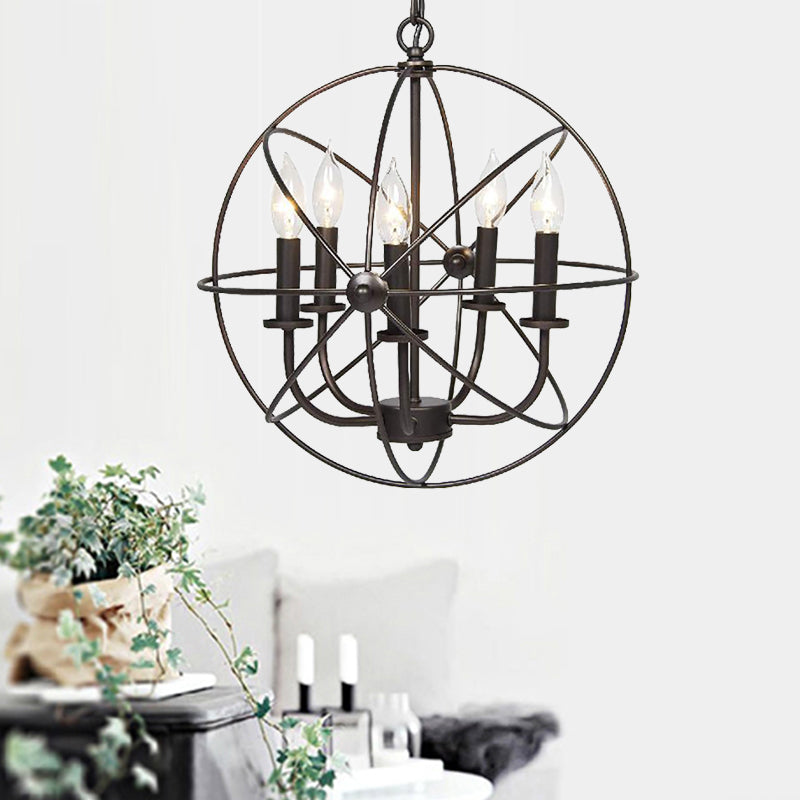 Metal Strap Globe Chandelier Pendant Light Vintage 5 Bulbs Restaurant Hanging Lamp in Black Clearhalo 'Cast Iron' 'Ceiling Lights' 'Chandeliers' 'Industrial Chandeliers' 'Industrial' 'Metal' 'Middle Century Chandeliers' 'Rustic Chandeliers' 'Tiffany' Lighting' 162583