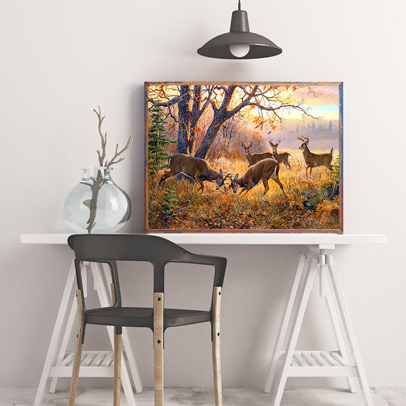 Farmhouse Stag Fight Art Print Gold Wild Land Scenery Wall Decor for Dining Room Gold Clearhalo 'Art Gallery' 'Canvas Art' 'Country Art Gallery' 'French Country' 'Rustic' Arts' 1625858